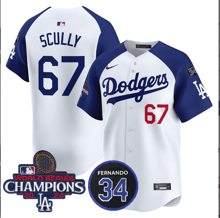 Men MLB Los Angeles Dodgers 67 Scully white 2024 World Series Champions Patch Limited Jersey style 4